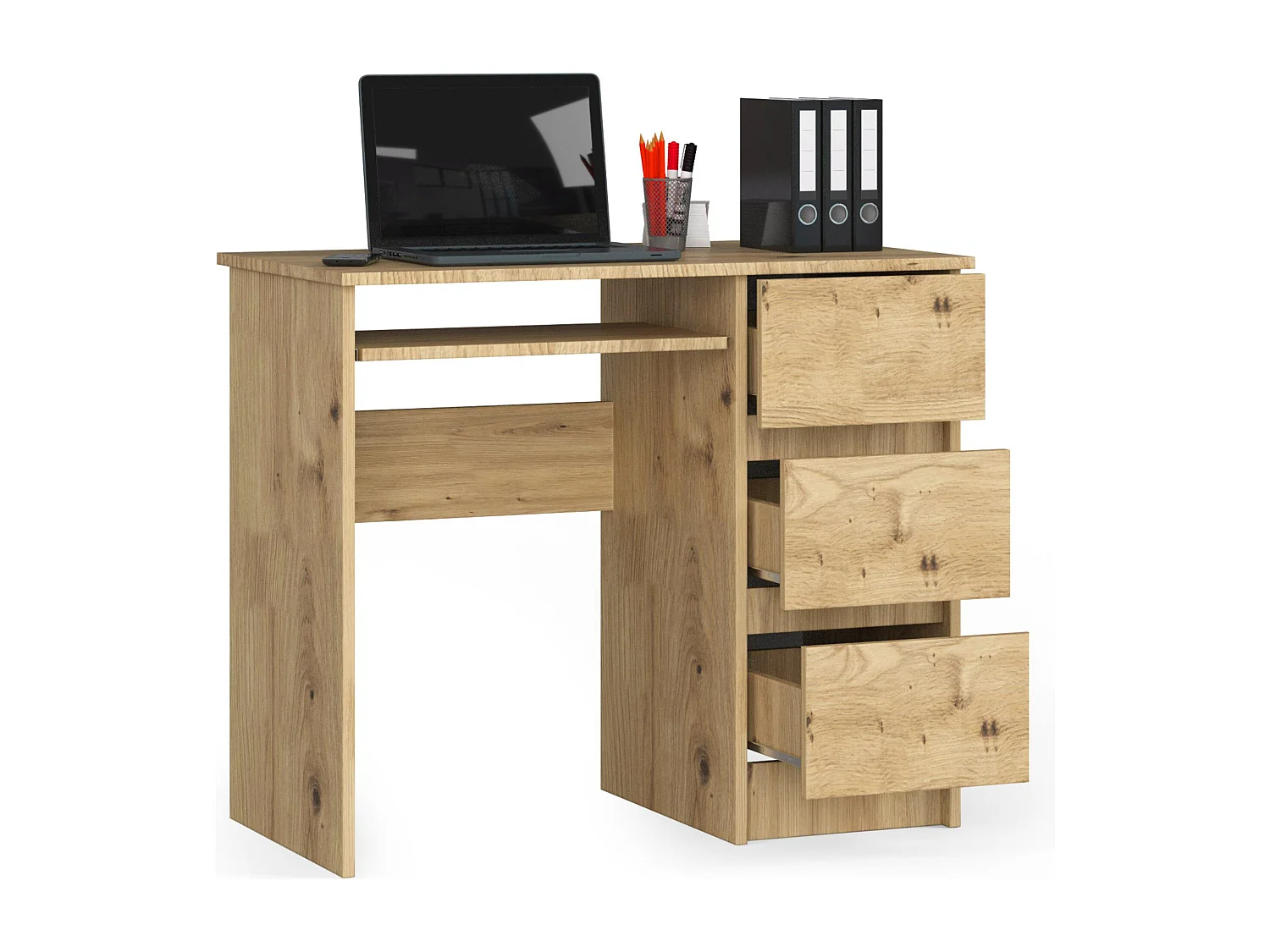 Bureau d'ordinateur AKORD droit A6 Chêne Artisan 90 cm 3 tiroirs façade Chêne Artisan 1 étagère 90x50x77 cm