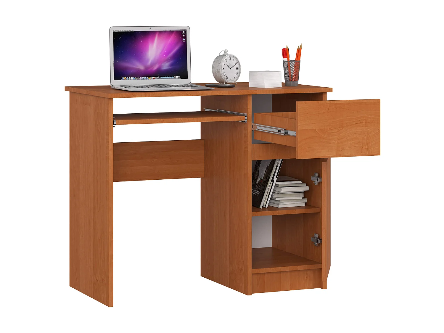 Bureau d'ordinateur AKORD droit PIKSEL Aulne 90 cm 1 porte 1 tiroir façade Aulne 3 étagères 90x50x77 cm