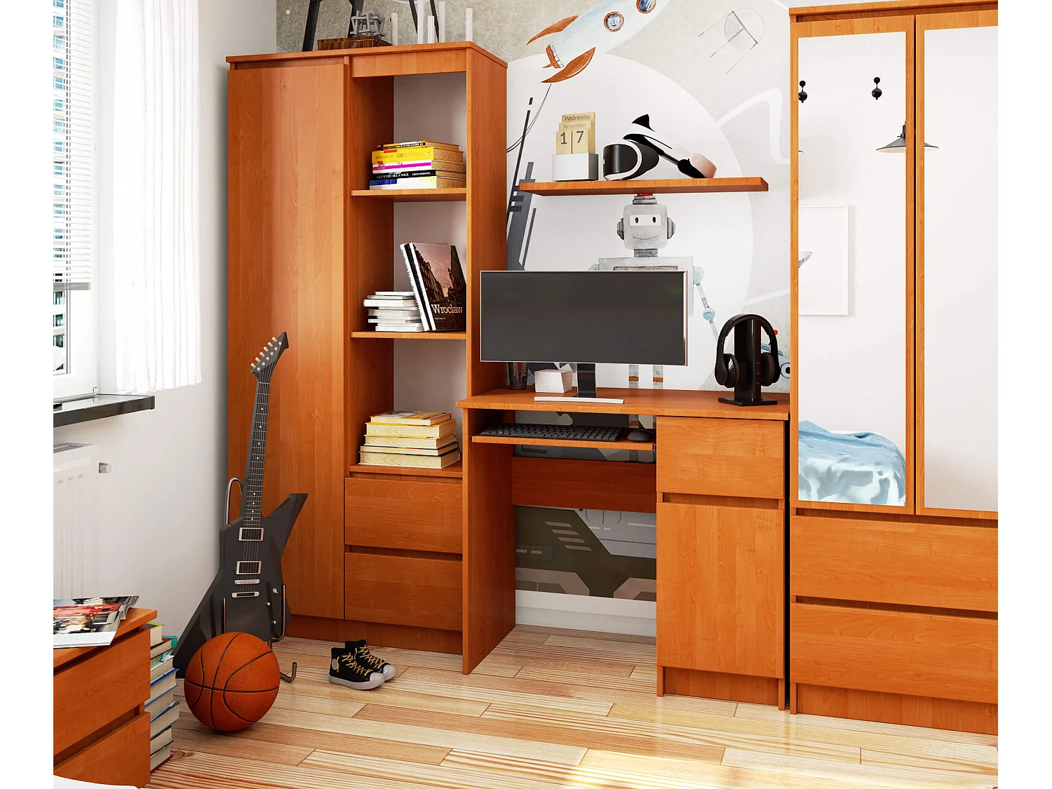 Bureau d'ordinateur AKORD droit PIKSEL Aulne 90 cm 1 porte 1 tiroir façade Aulne 3 étagères 90x50x77 cm