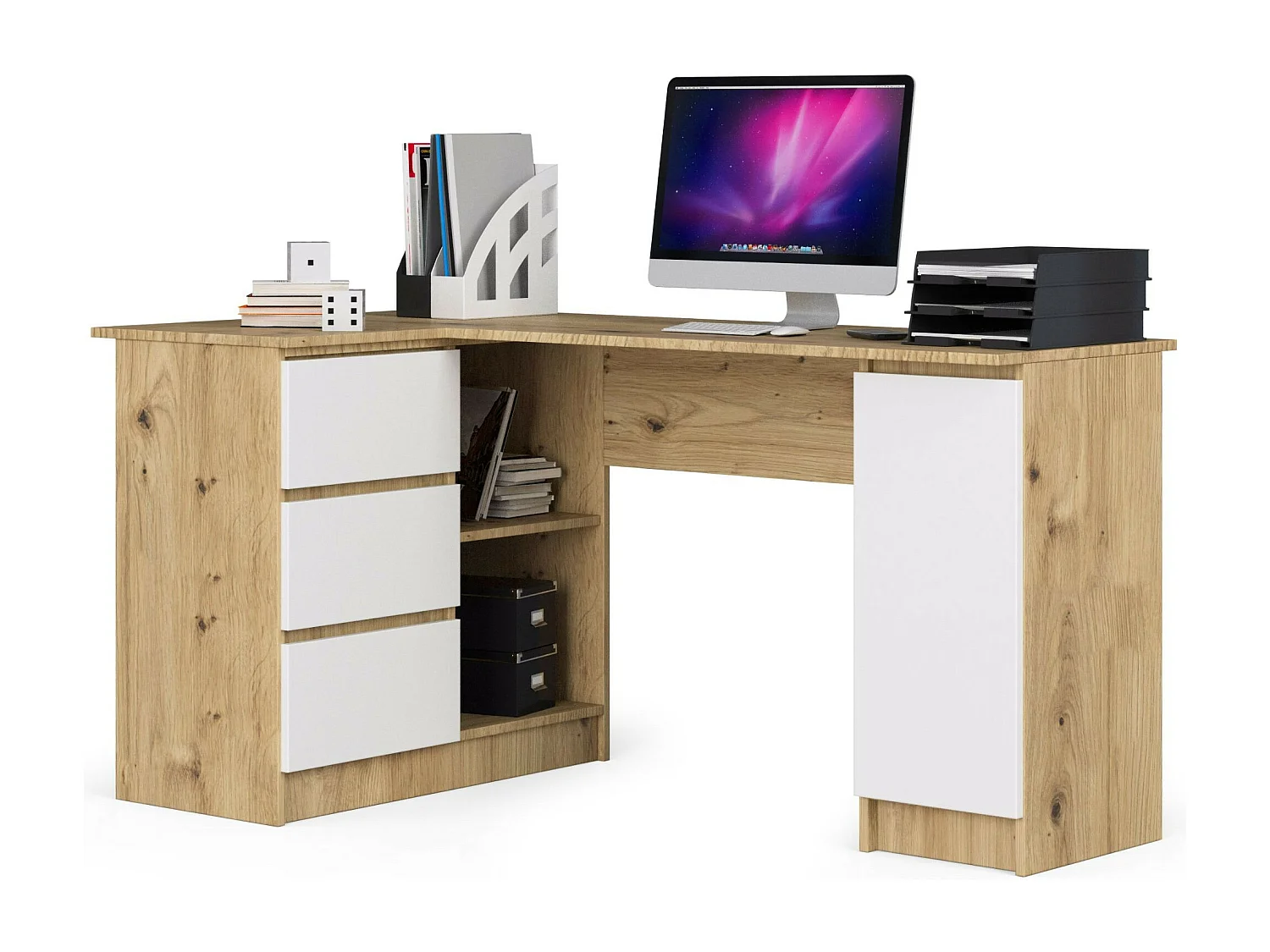 Hoekbureau Links B20 / Computerbureau / Computer Tafel / Bureautafel Links / Artisan Eik - Wit / 155 x 77 x 85 cm