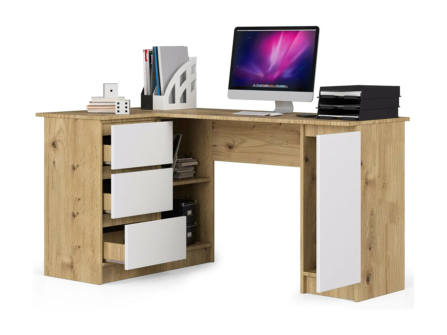 Hoekbureau Links B20 / Computerbureau / Computer Tafel / Bureautafel Links / Artisan Eik - Wit / 155 x 77 x 85 cm