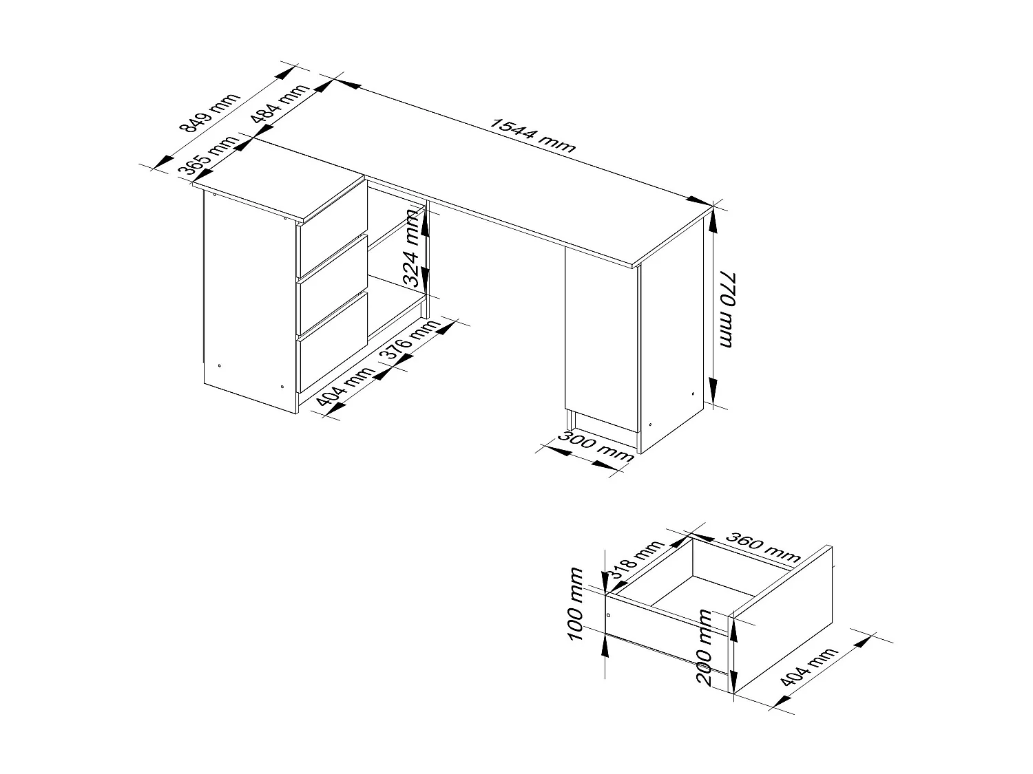 Hoekbureau Links B20 / Computerbureau / Computer Tafel / Bureautafel Links / Artisan Eik - Wit / 155 x 77 x 85 cm