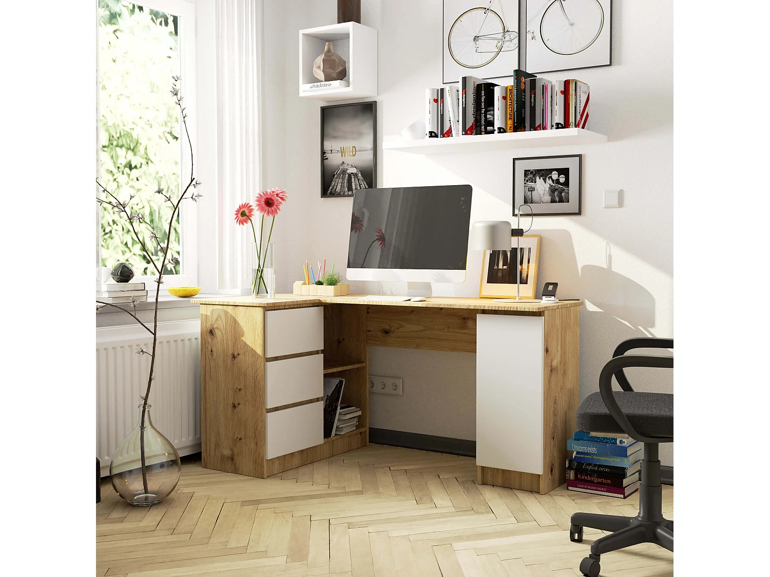 Hoekbureau Links B20 / Computerbureau / Computer Tafel / Bureautafel Links / Artisan Eik - Wit / 155 x 77 x 85 cm