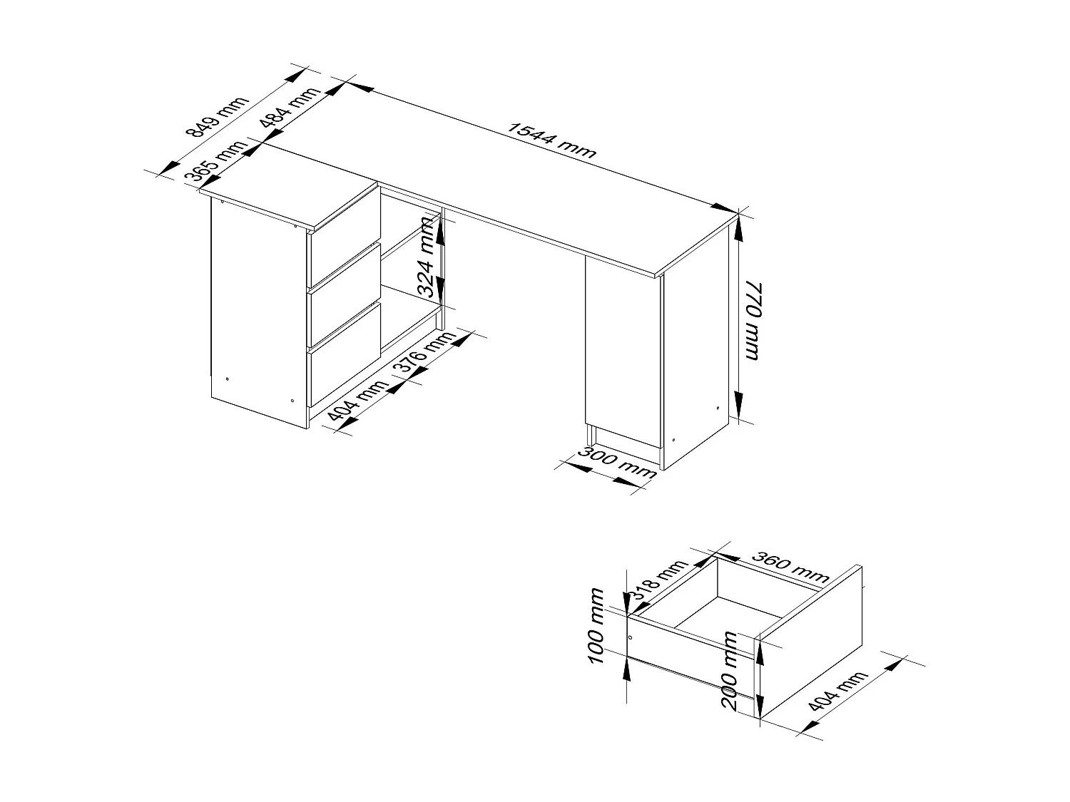 Grand bureau d'angle AKORD gauche B20 Chêne Artisan 155 cm 1 porte 3 tiroirs façade Blanche 4 étagères 155x85x77 cm