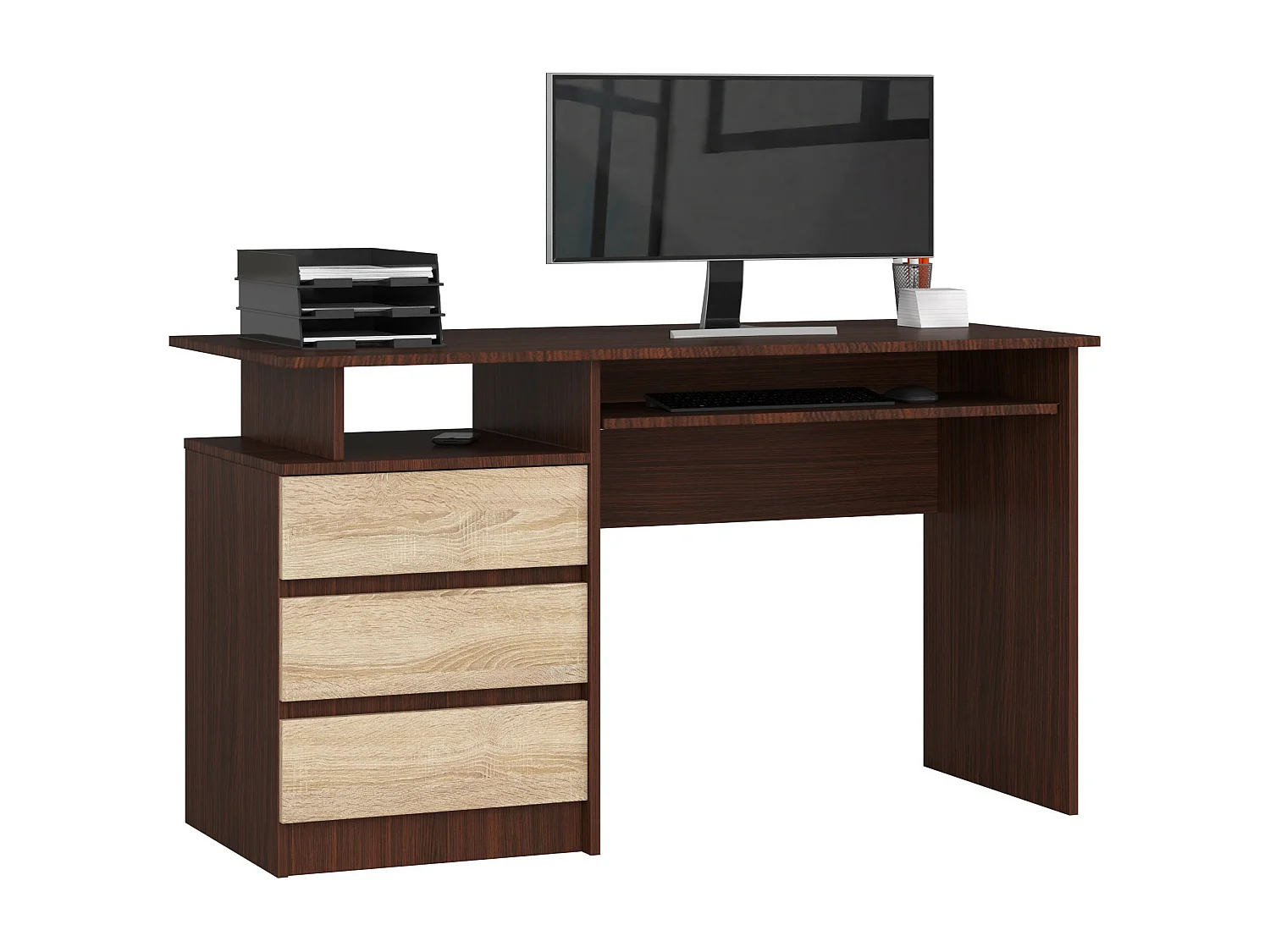 Bureau d'ordinateur AKORD CLP Wengé 135 cm 3 tiroirs façade Chêne Sonoma 2 étagères 135x60x77 cm