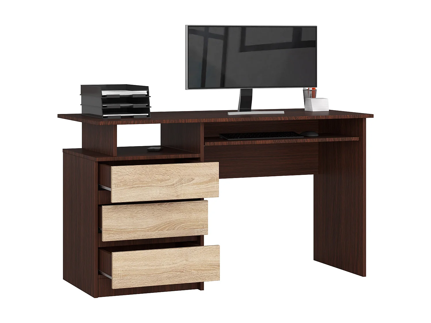Bureau d'ordinateur AKORD CLP Wengé 135 cm 3 tiroirs façade Chêne Sonoma 2 étagères 135x60x77 cm
