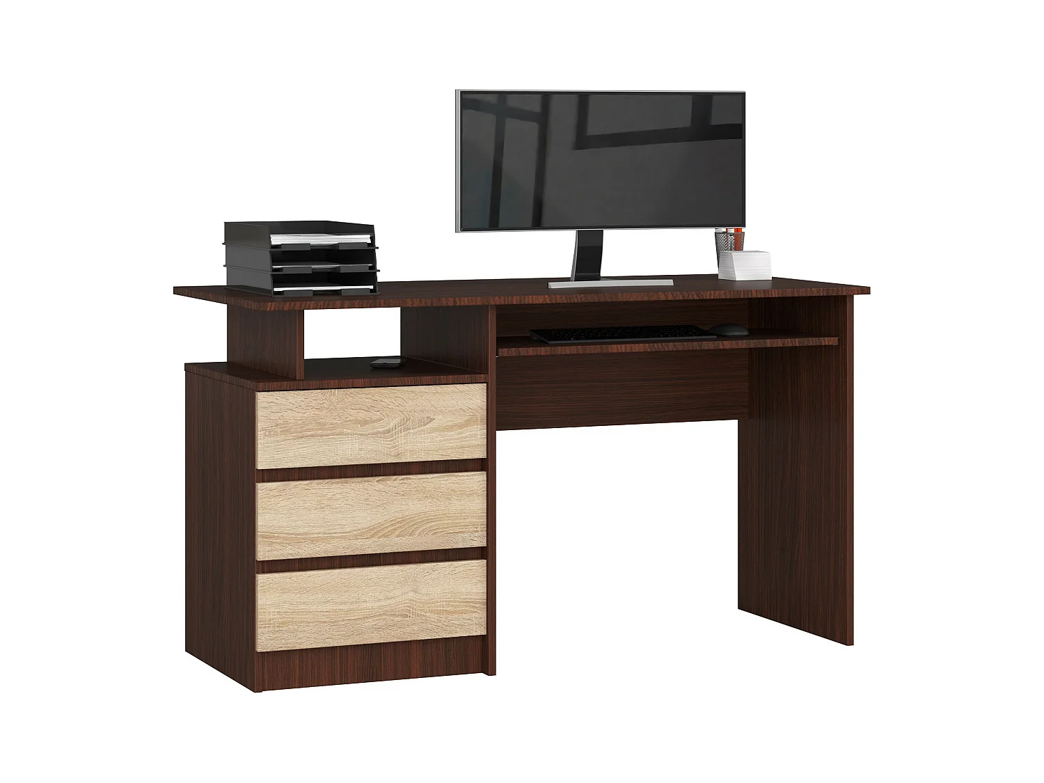 Bureau d'ordinateur AKORD CLP Wengé 135 cm 3 tiroirs façade Chêne Sonoma 2 étagères 135x60x77 cm
