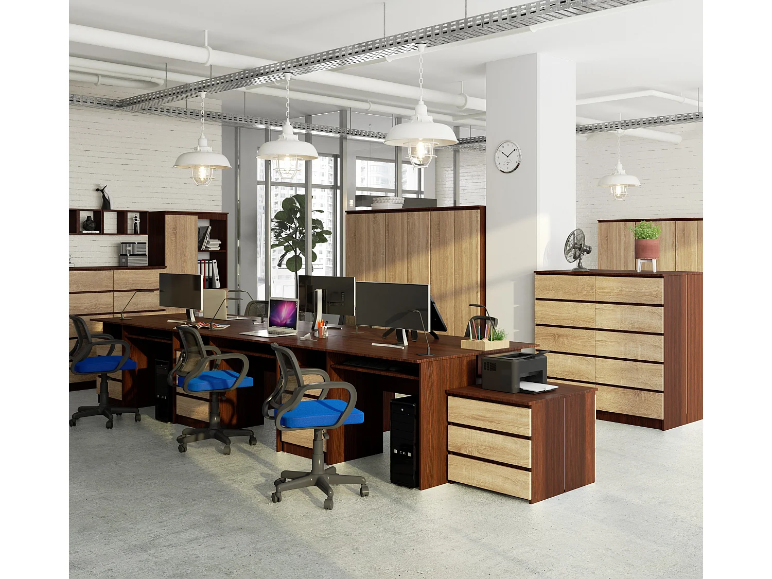 Bureau d'ordinateur AKORD CLP Wengé 135 cm 3 tiroirs façade Chêne Sonoma 2 étagères 135x60x77 cm