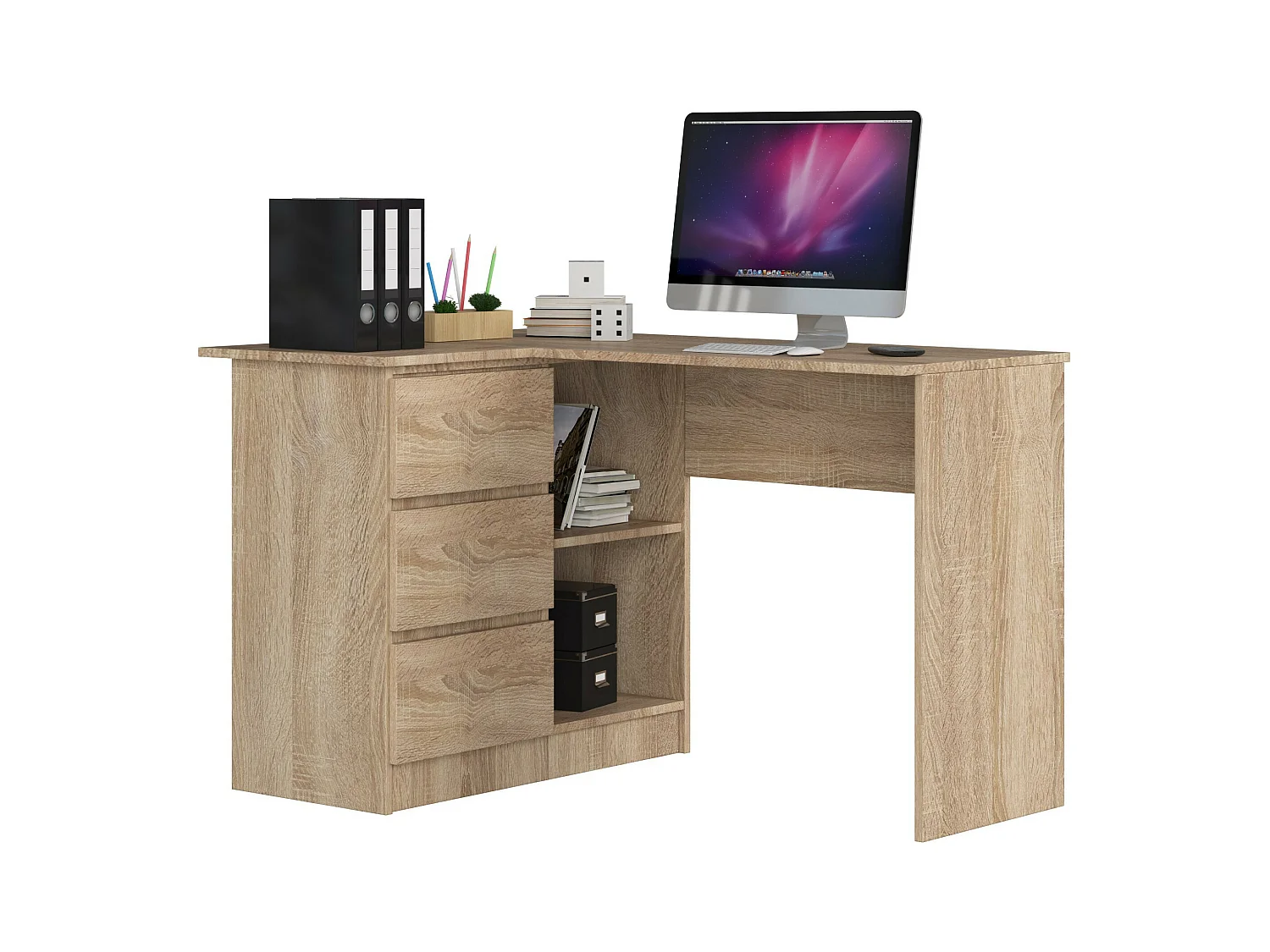 Bureau AKORD d'angle gauche B16 Chêne Sonoma 124 cm 3 tiroirs façade Chêne Sonoma 2 étagères 124x85x77 cm