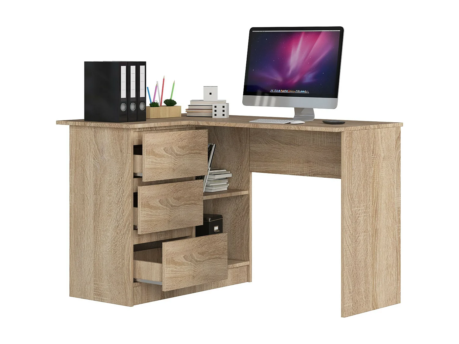 Scrivania angolare AKORD B16 Sonoma Quercia 124 cm 3 cassetti 124x85x77 cm Modello a sinistra