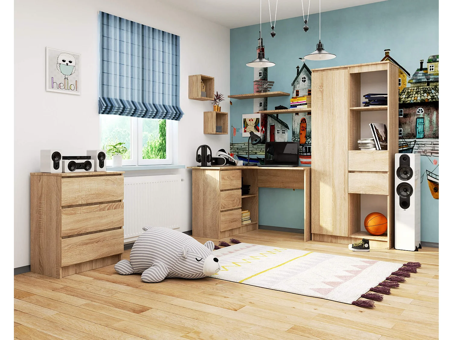 Bureau AKORD d'angle gauche B16 Chêne Sonoma 124 cm 3 tiroirs façade Chêne Sonoma 2 étagères 124x85x77 cm