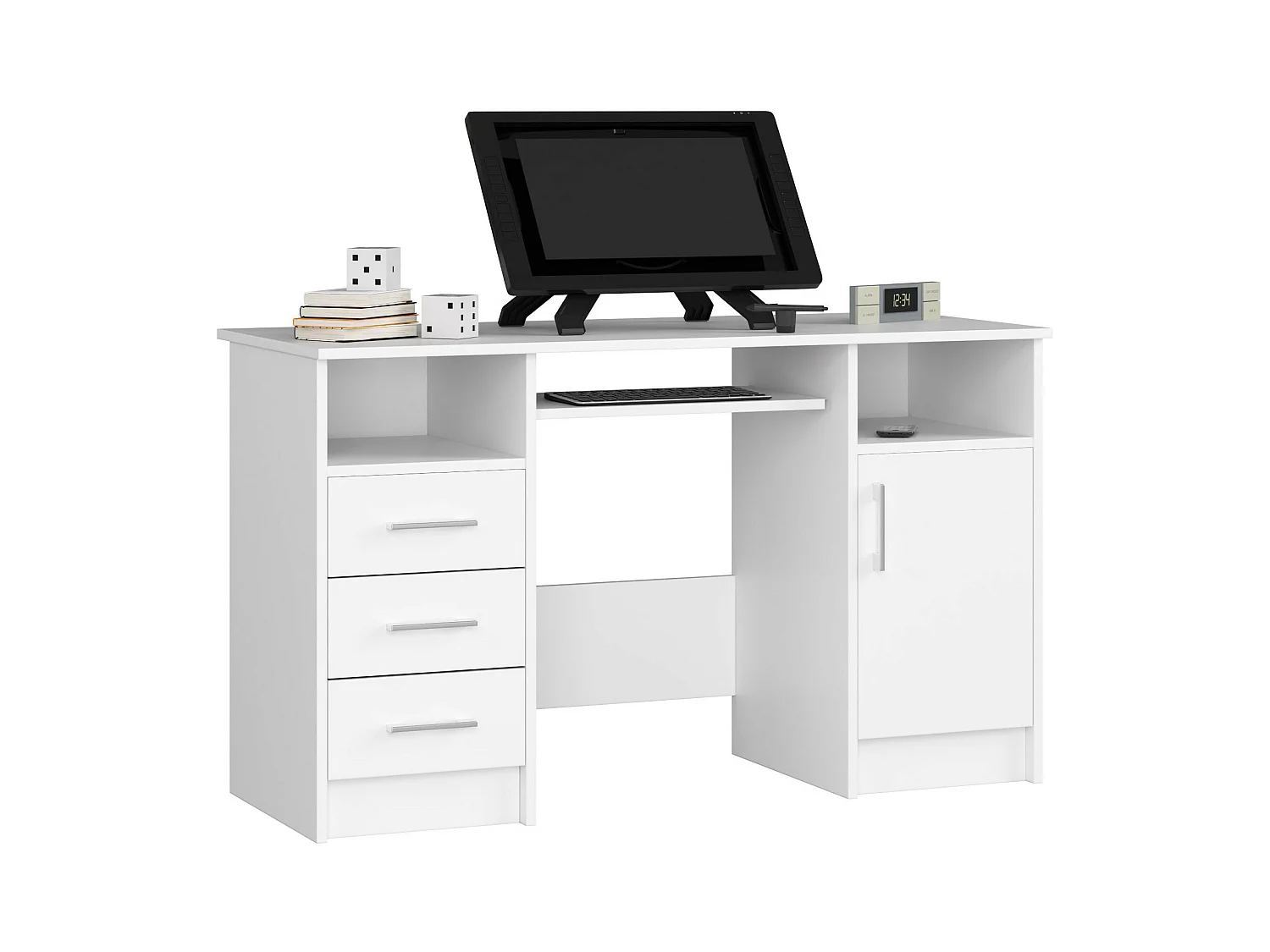 Biurko AKORD ANA Białe 124 cm biurko komputerowe 1 drzwi 3 szuflady kolor Biały mat 5 półek 124x52x74 cm