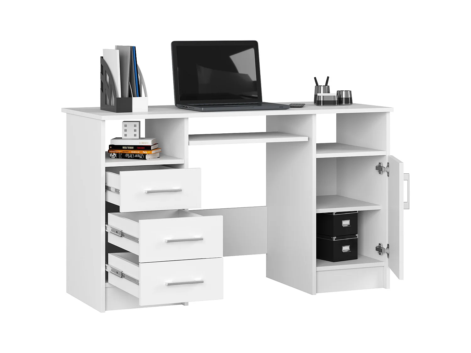Biurko AKORD ANA Białe 124 cm biurko komputerowe 1 drzwi 3 szuflady kolor Biały mat 5 półek 124x52x74 cm