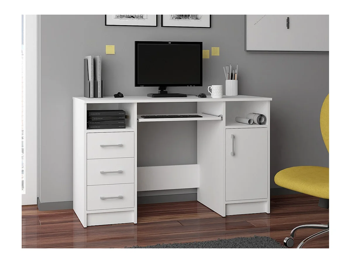 Biurko AKORD ANA Białe 124 cm biurko komputerowe 1 drzwi 3 szuflady kolor Biały mat 5 półek 124x52x74 cm