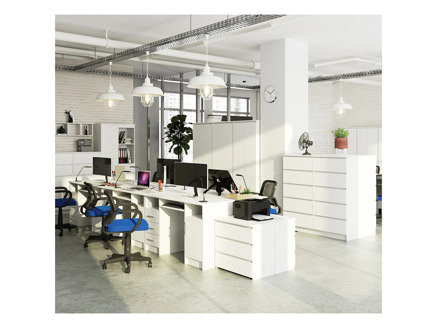 Biurko AKORD ANA Białe 124 cm biurko komputerowe 1 drzwi 3 szuflady kolor Biały mat 5 półek 124x52x74 cm