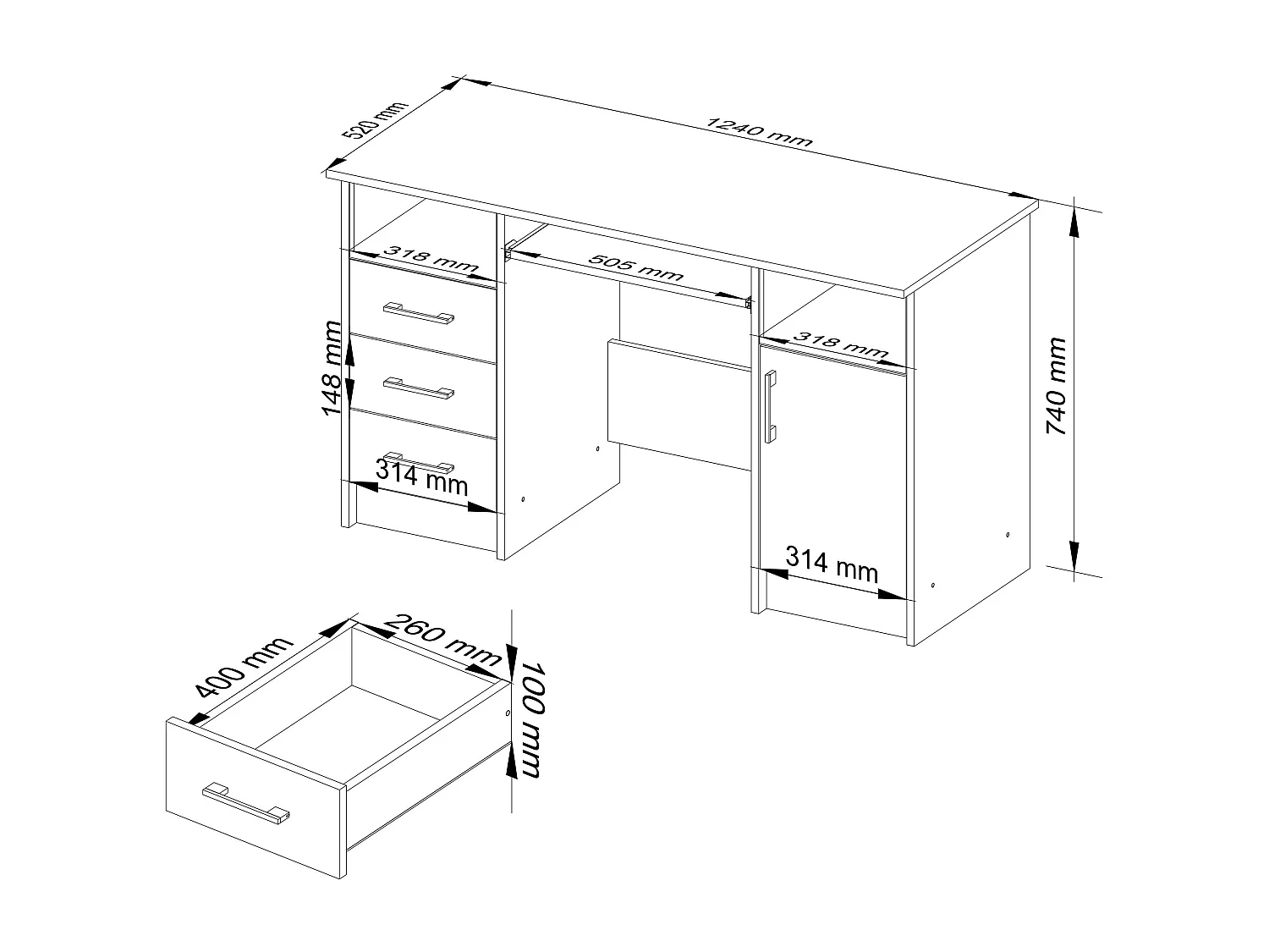 Bureau ANA met 3 Laden / Computerbureau / Computer Tafel / Bureautafel / Wit / 124 x 77 x 52 cm