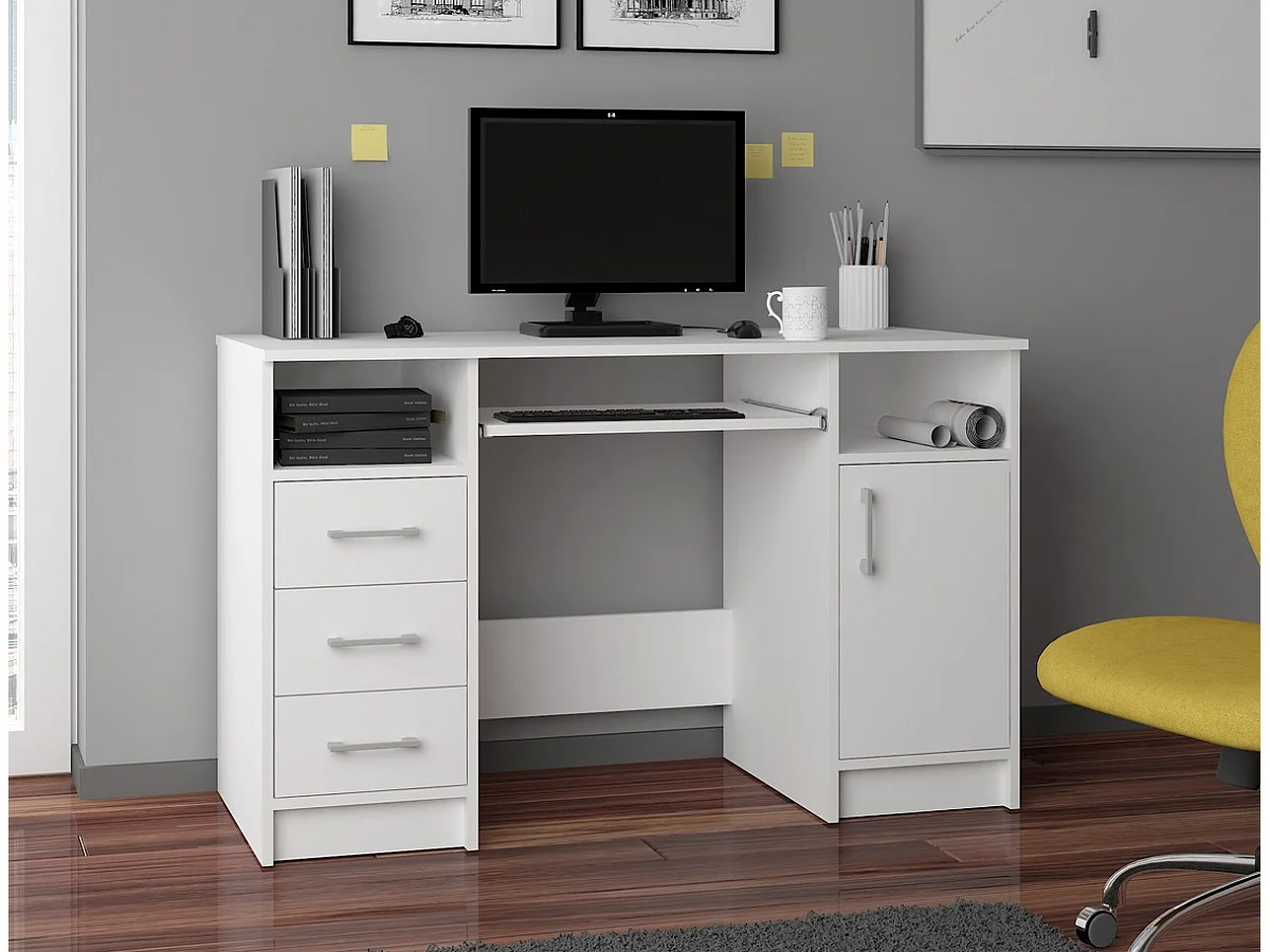 Bureau d'ordinateur AKORD ANA Blanc 124 cm 1 porte 3 tiroirs façade Blanche 5 étagères 124x52x74 cm