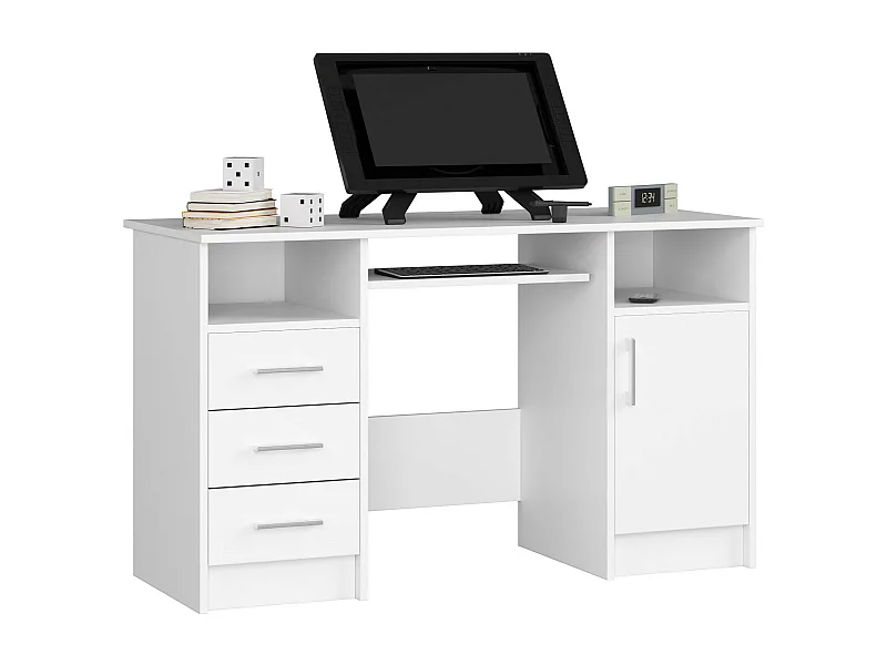 Bureau d'ordinateur AKORD ANA Blanc 124 cm 1 porte 3 tiroirs façade Blanche 5 étagères 124x52x74 cm