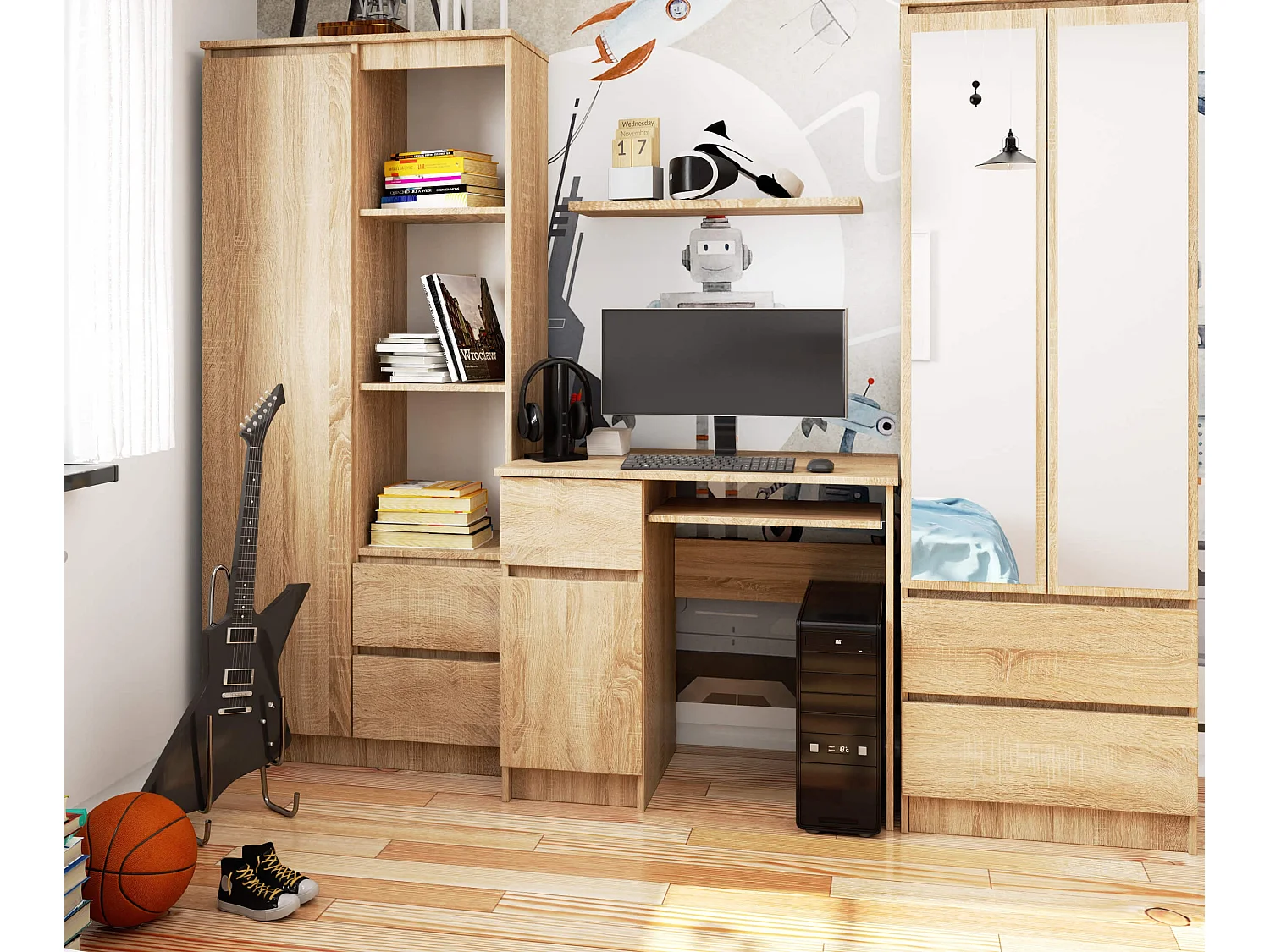 Bureau d'ordinateur AKORD gauche PIKSEL Chêne Sonoma 90 cm 1 porte 1 tiroir façade Chêne Sonoma 3 étagères 90x50x77 cm