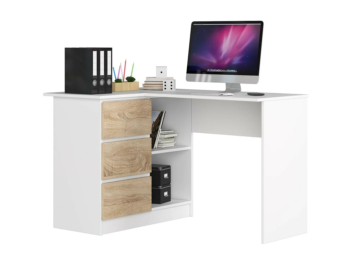 Biurko narożne AKORD B16 Białe 124 cm lewe 3 szuflady kolor Dąb Sonoma mat 2 półki 124x85x77 cm