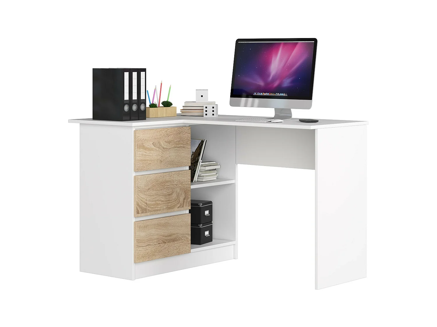 Bureau AKORD d'angle gauche B16 Blanc 124 cm 3 tiroirs façade Chêne Sonoma 2 étagères 124x85x77 cm