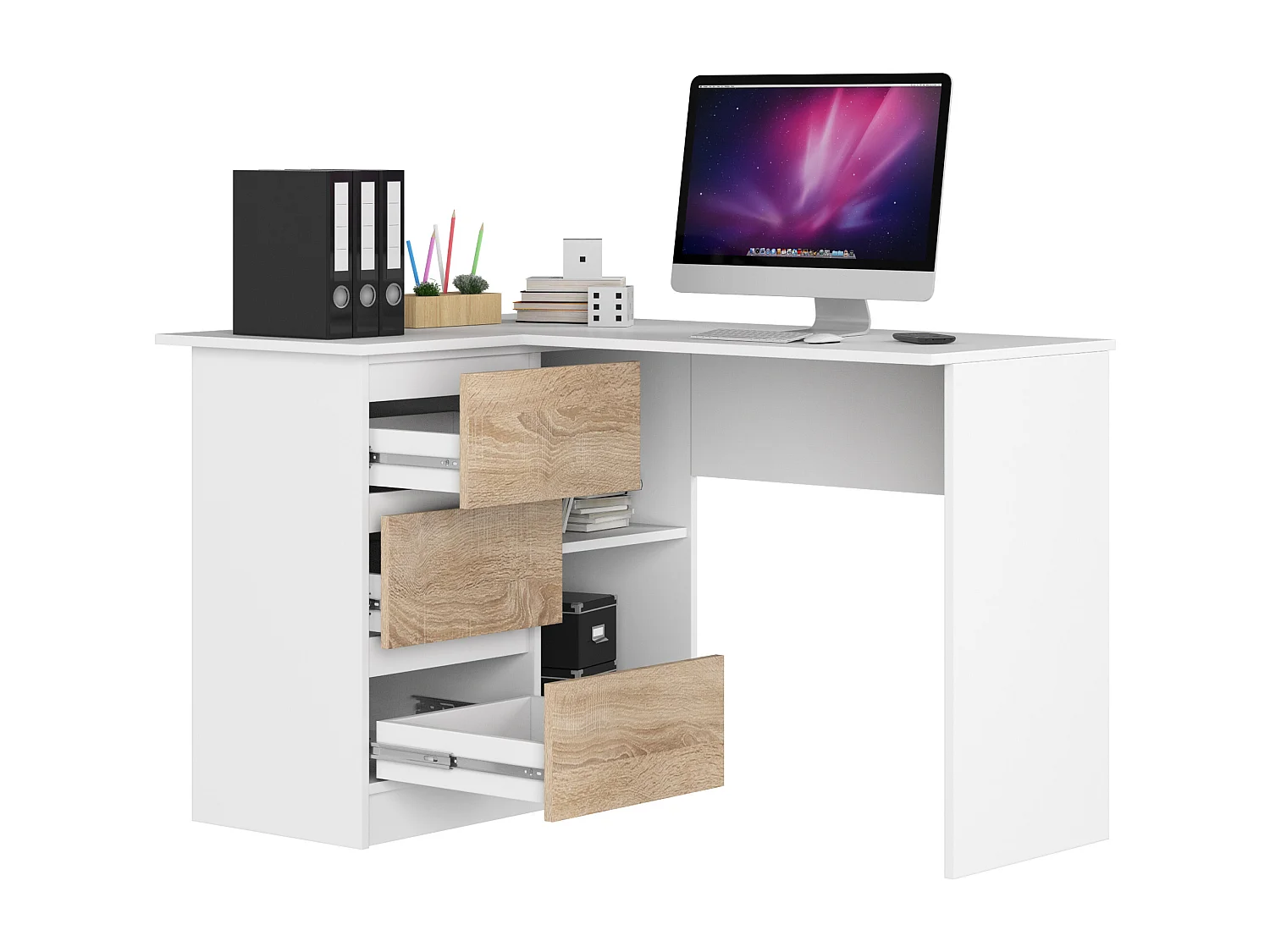 Bureau AKORD d'angle gauche B16 Blanc 124 cm 3 tiroirs façade Chêne Sonoma 2 étagères 124x85x77 cm