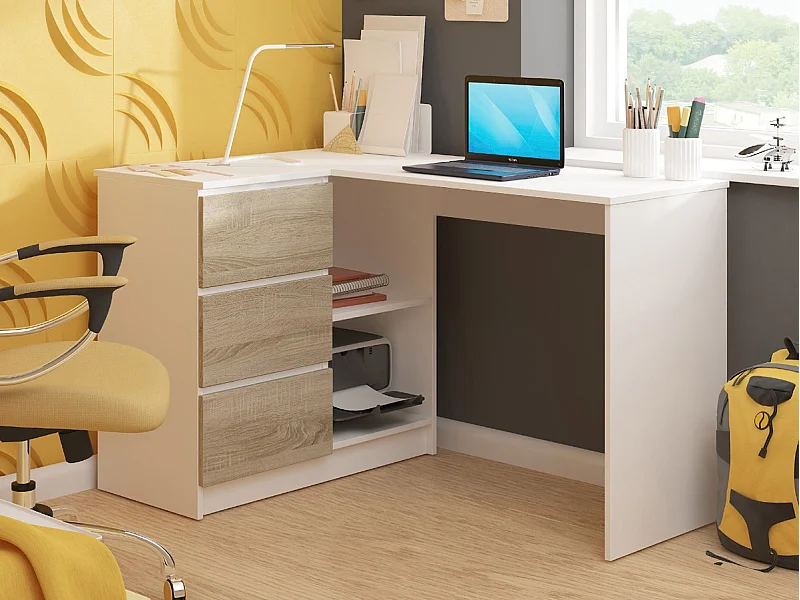 Scrivania angolare AKORD B16 Bianco 124 cm 3 cassetti inserto frontale Sonoma Quercia 124x85x77 cm Modello a sinistra
