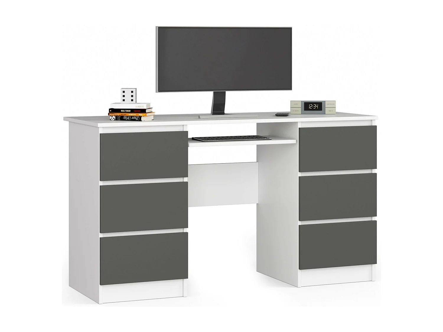 PC-Schreibtisch AKORD A11 in der Farbe Weiß mit 6 Schubladen Front Graphitgrau B135 x H77 x T50 cm