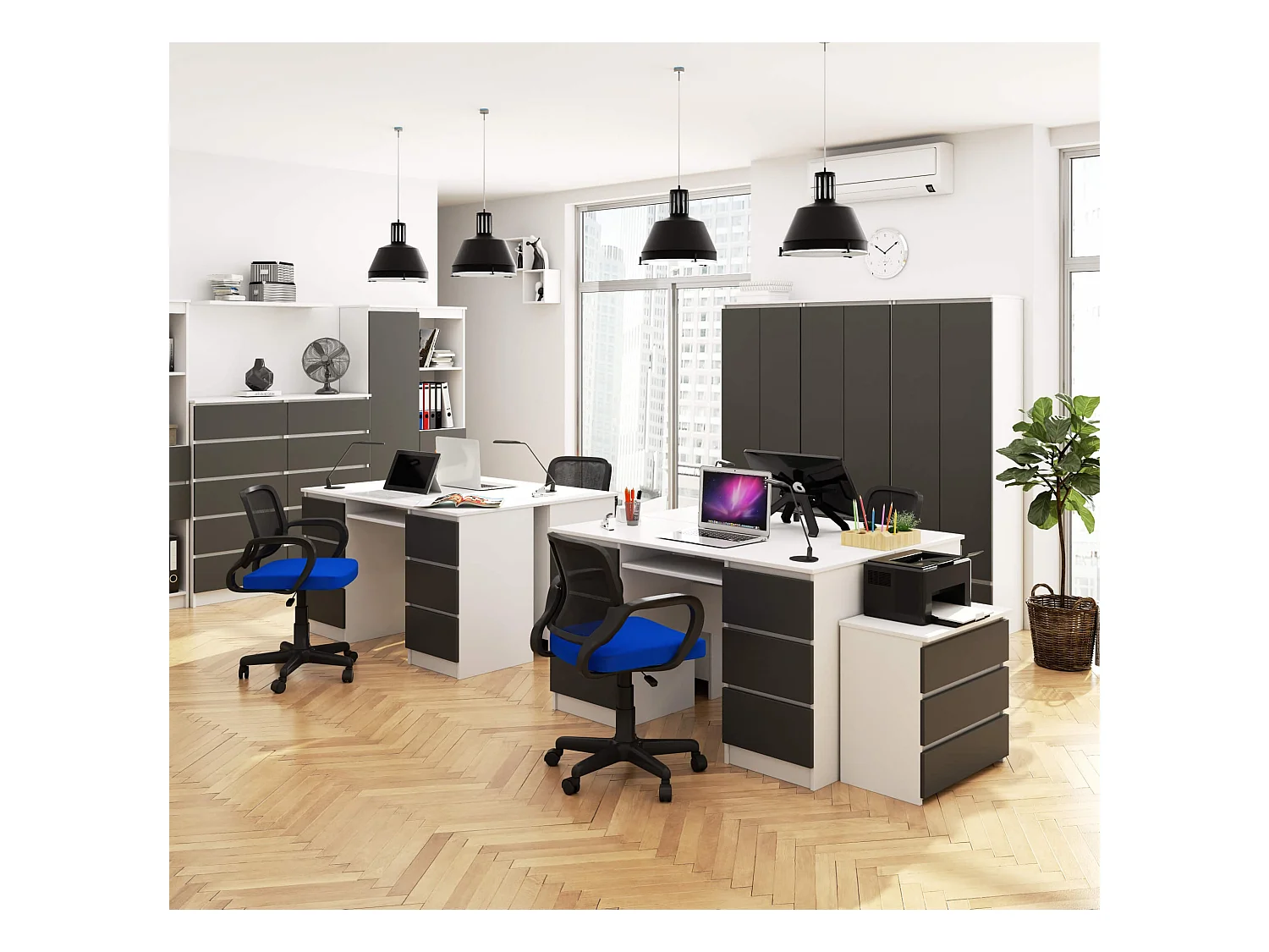 PC-Schreibtisch AKORD A11 in der Farbe Weiß mit 6 Schubladen Front Graphitgrau B135 x H77 x T50 cm