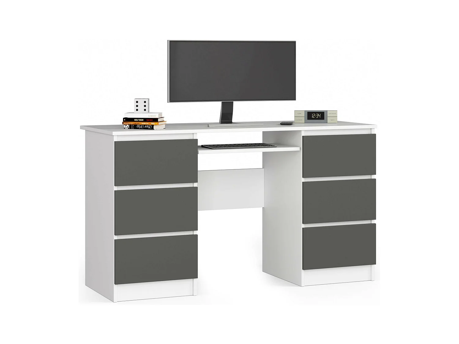 Bureau d'ordinateur AKORD A11 Blanc 135 cm 6 tiroirs façade Gris Graphite 135x50x77 cm