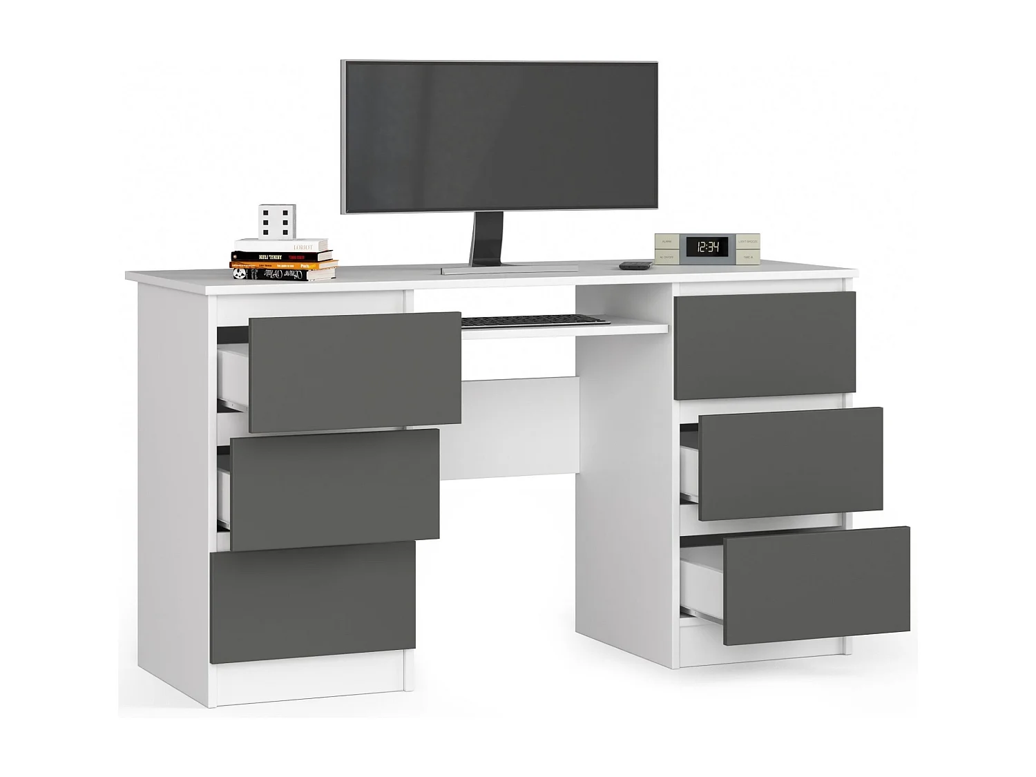 PC-Schreibtisch AKORD A11 in der Farbe Weiß mit 6 Schubladen Front Graphitgrau B135 x H77 x T50 cm