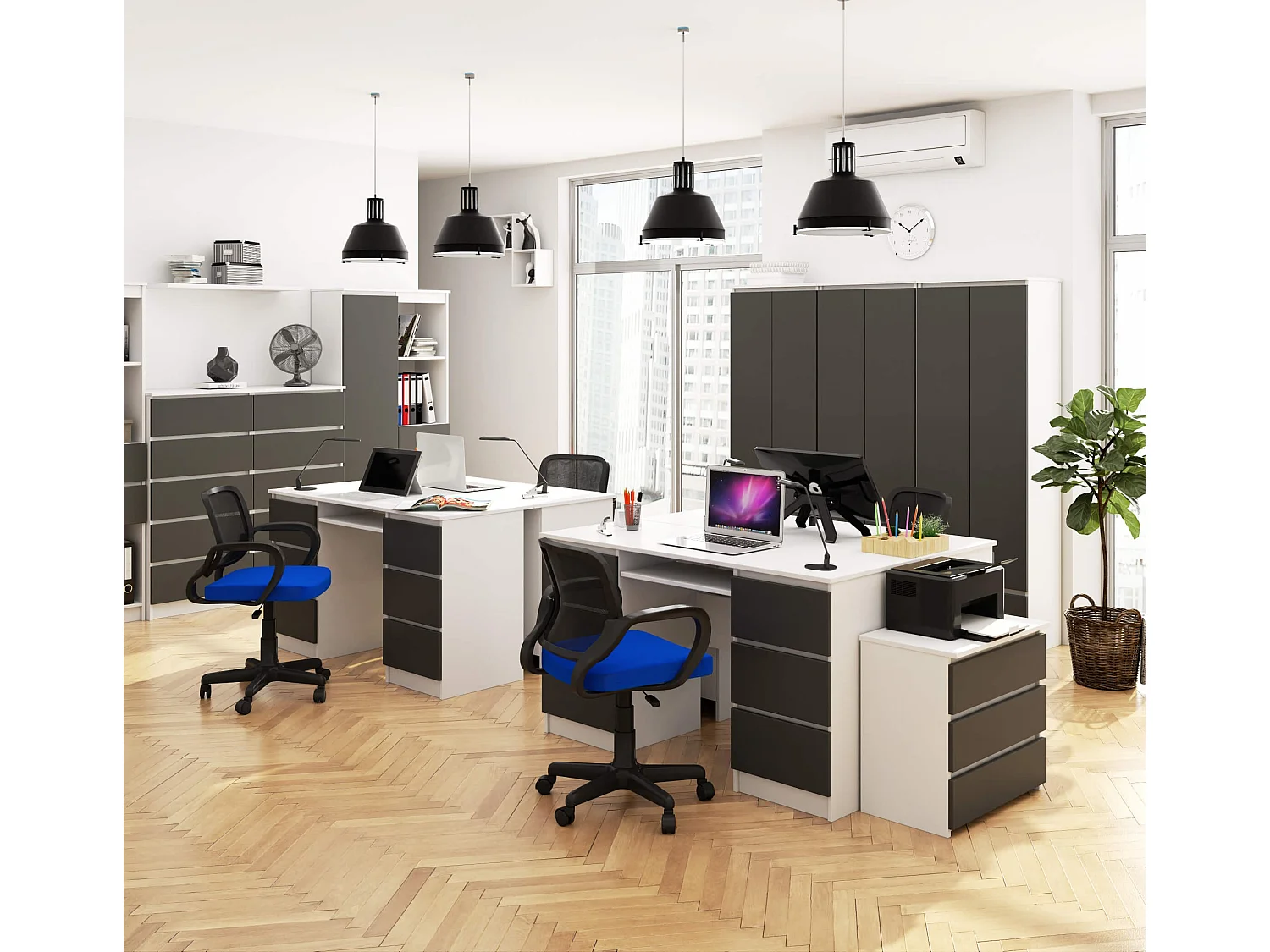 PC-Schreibtisch AKORD A11 in der Farbe Weiß mit 6 Schubladen Front Graphitgrau B135 x H77 x T50 cm