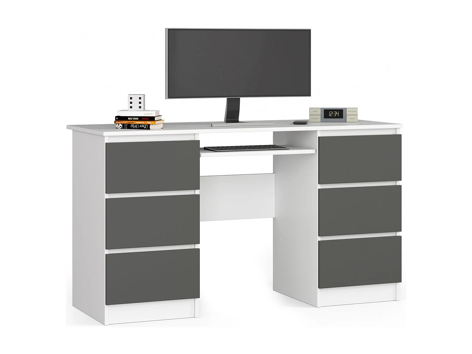 Escritorio de ordenador AKORD A11 Blanco 135 cm 6 cajones frente en color Grafito Gris 135x50x77 cm