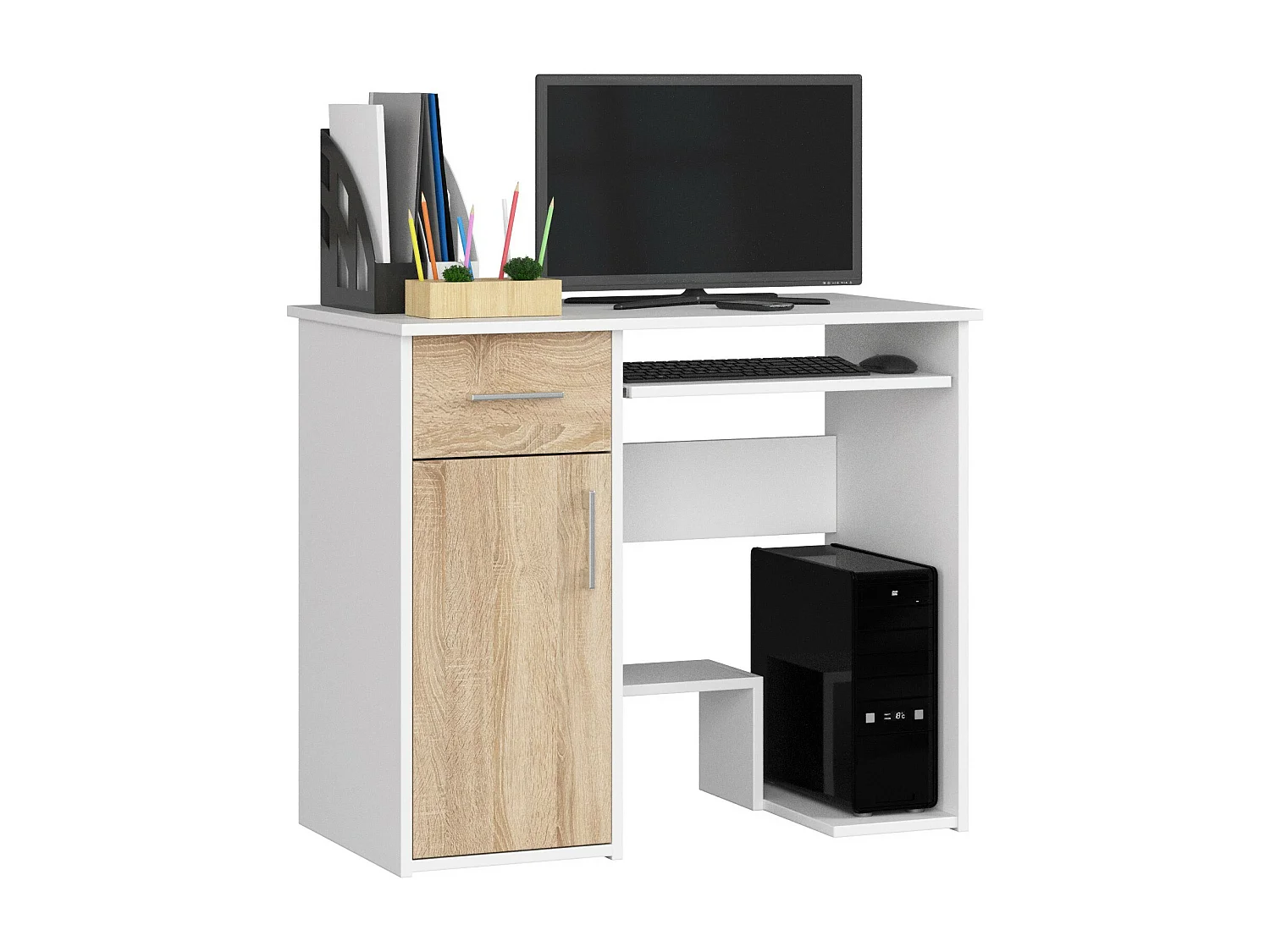 Bureau JAY Wit / Eiken Sonoma met Klapkasten en Uittrekbare Toetsenbordlade - Modern Klassiek Ontwerp