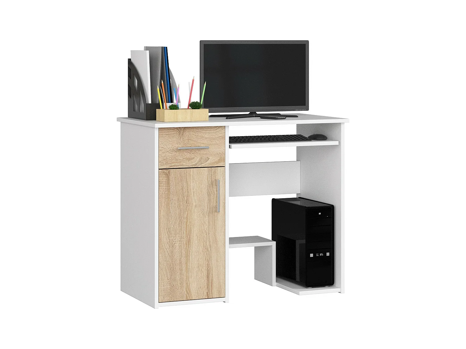 PC-Schreibtisch AKORD JAY in der Farbe Weiß Schublade Front Sonoma-Eiche und 3 Ablagen B90 x H74 x T50 cm