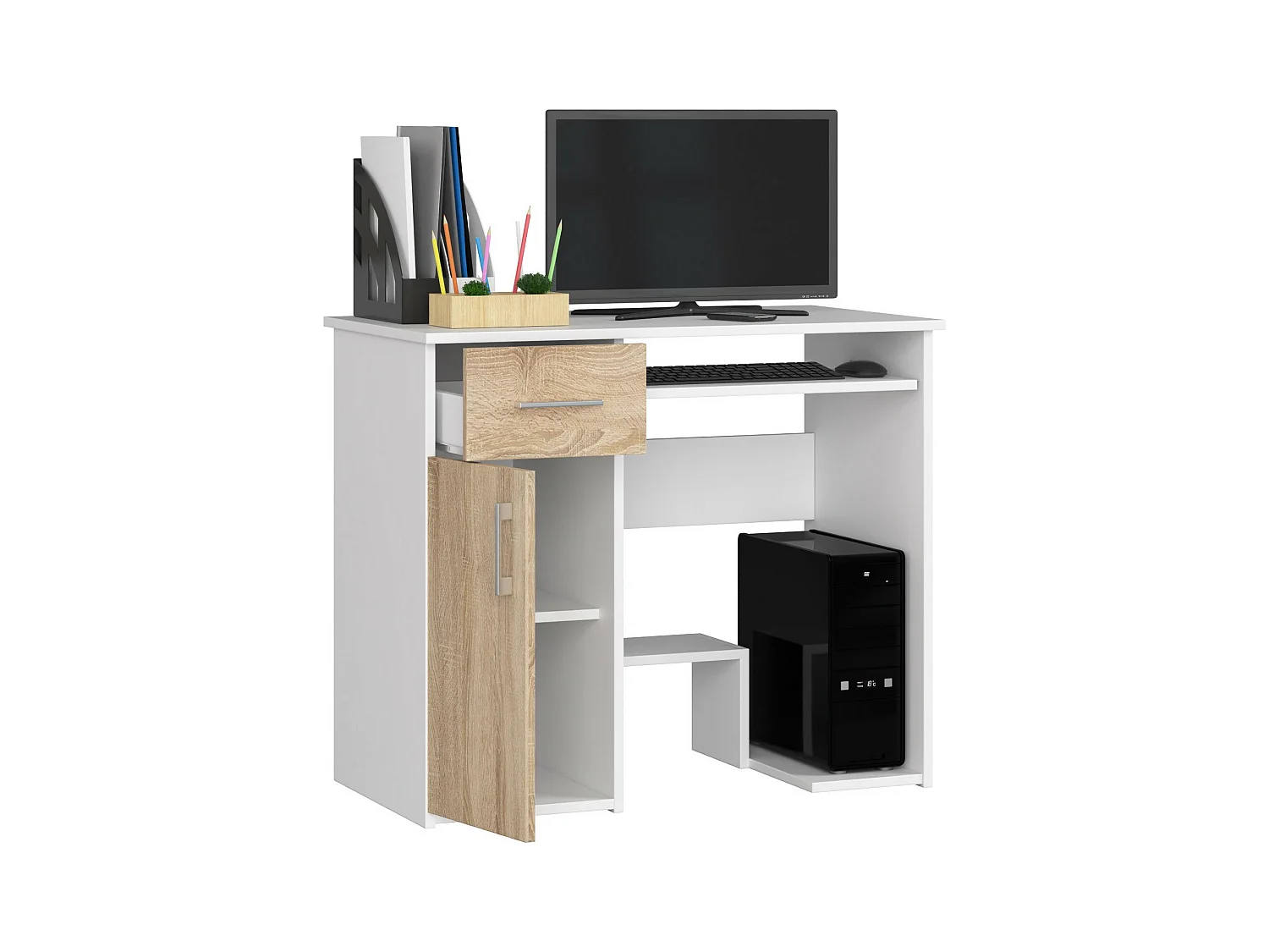 PC-Schreibtisch AKORD JAY in der Farbe Weiß Schublade Front Sonoma-Eiche und 3 Ablagen B90 x H74 x T50 cm