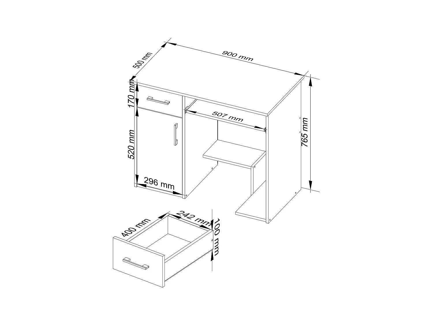 PC-Schreibtisch AKORD JAY in der Farbe Weiß Schublade Front Sonoma-Eiche und 3 Ablagen B90 x H74 x T50 cm