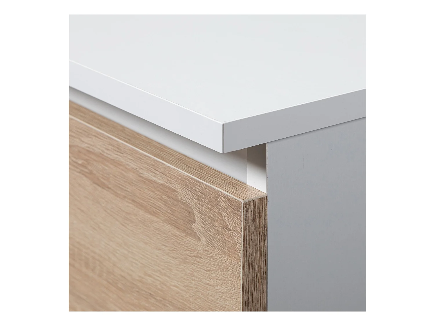 PC-Schreibtisch AKORD JAY in der Farbe Weiß Schublade Front Sonoma-Eiche und 3 Ablagen B90 x H74 x T50 cm