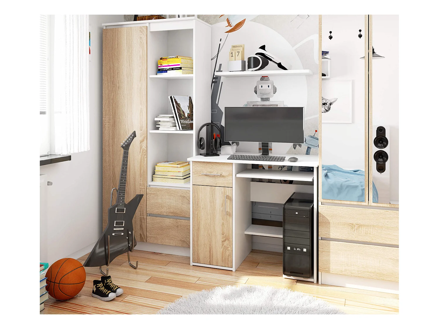 PC-Schreibtisch AKORD JAY in der Farbe Weiß Schublade Front Sonoma-Eiche und 3 Ablagen B90 x H74 x T50 cm