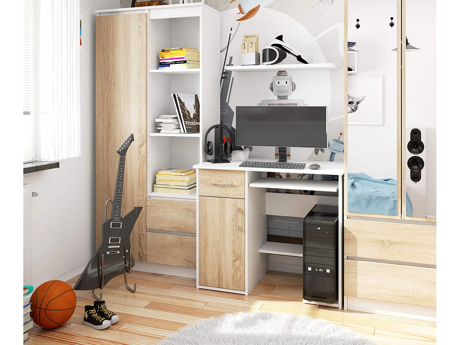 Bureau JAY Wit / Eiken Sonoma met Klapkasten en Uittrekbare Toetsenbordlade - Modern Klassiek Ontwerp