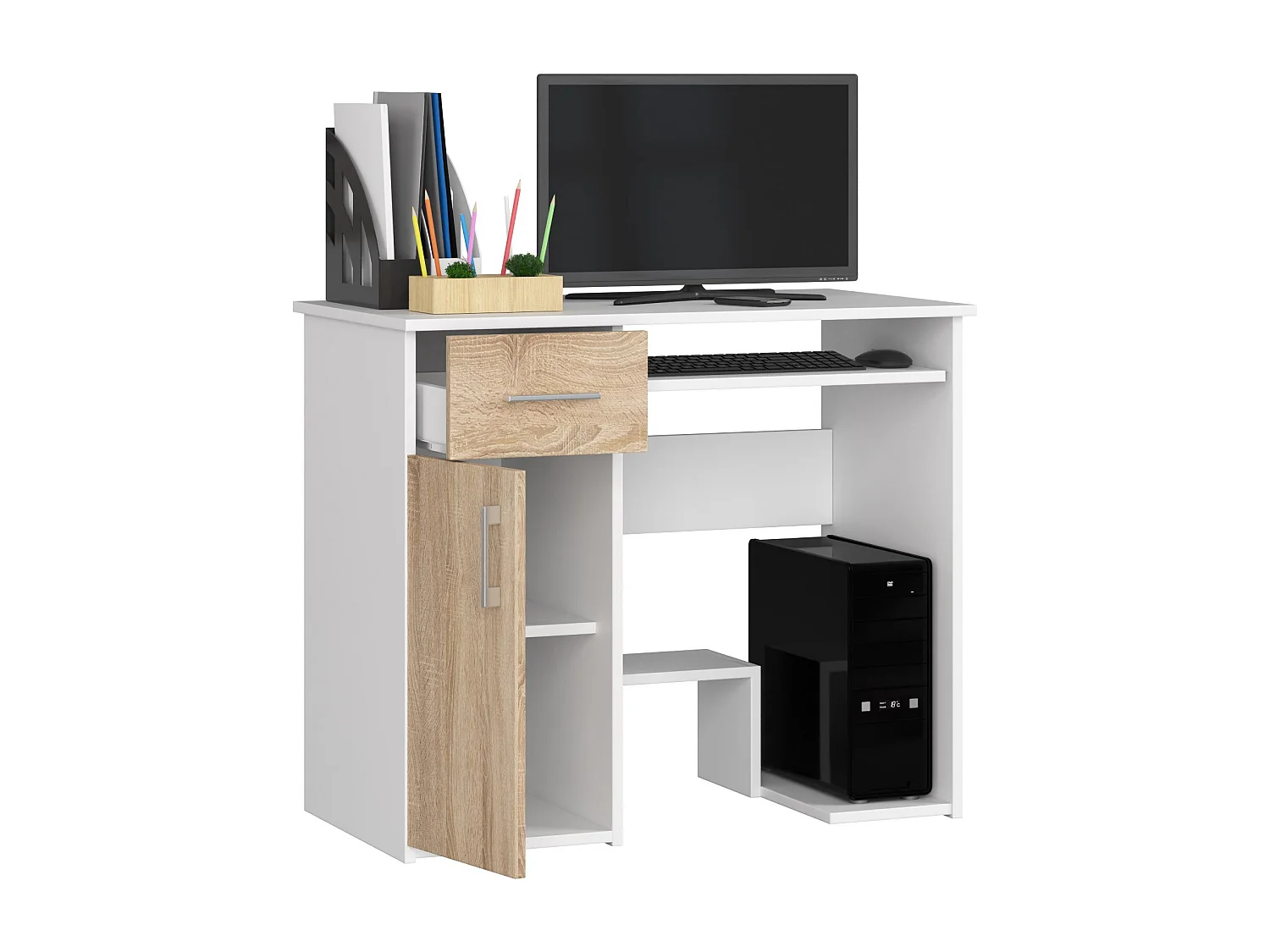 Bureau d'ordinateur AKORD JAY Blanc 90 cm 1 porte 1 tiroir façade Chêne Sonoma 3 étagères 90x50x74 cm