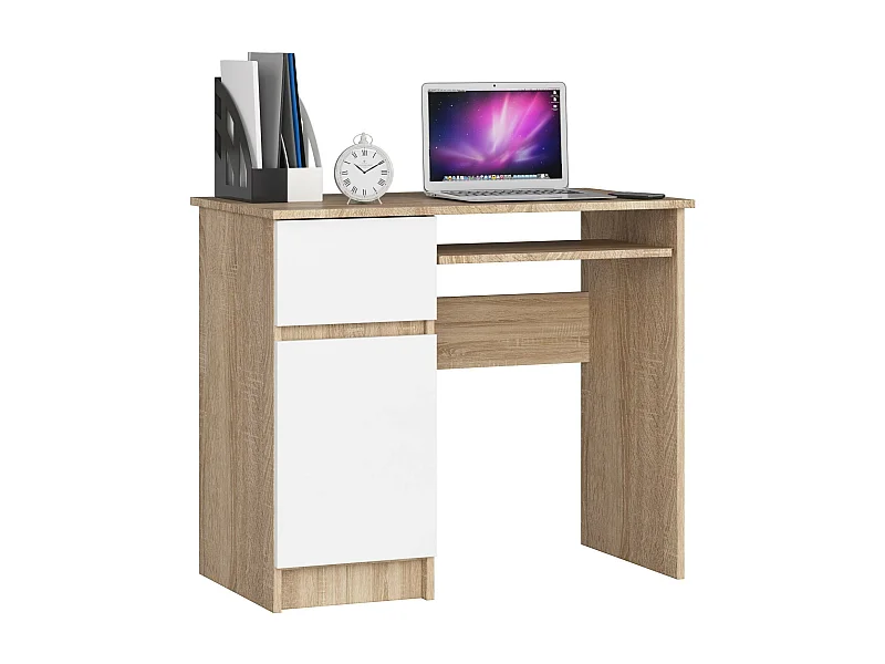 PC-Schreibtisch AKORD PIKSEL links in der Farbe Sonoma-Eiche Schublade Front Weiß und 3 Ablagen B90 x H77 x T50 cm