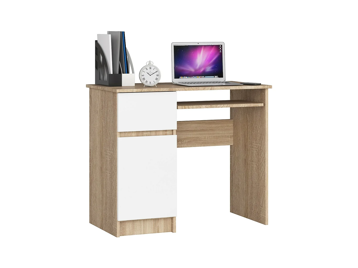Bureau d'ordinateur AKORD gauche PIKSEL Chêne Sonoma 90 cm 1 porte 1 tiroir façade Blanche 3 étagères 90x50x77 cm