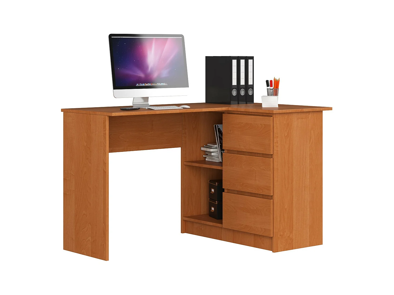 Bureau AKORD d'angle droit B16 Aulne 124 cm 3 tiroirs façade Aulne 2 étagères 124x85x77 cm