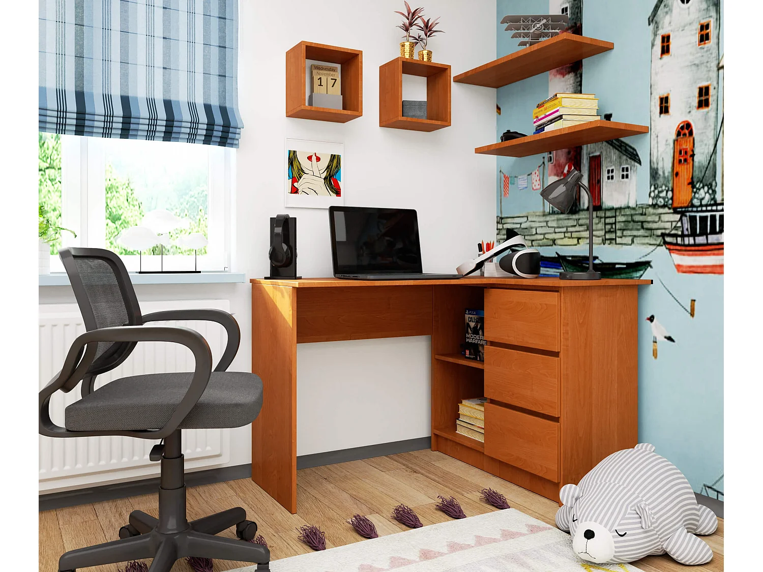 Hoekbureau B16 Rechterzijde Olijfgroen - 124x77x85 cm - 3 Lades - Olcha Mat Afwerking - Zelfmontage