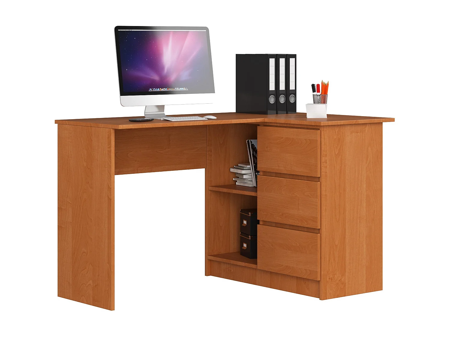 Bureau AKORD d'angle droit B16 Aulne 124 cm 3 tiroirs façade Aulne 2 étagères 124x85x77 cm