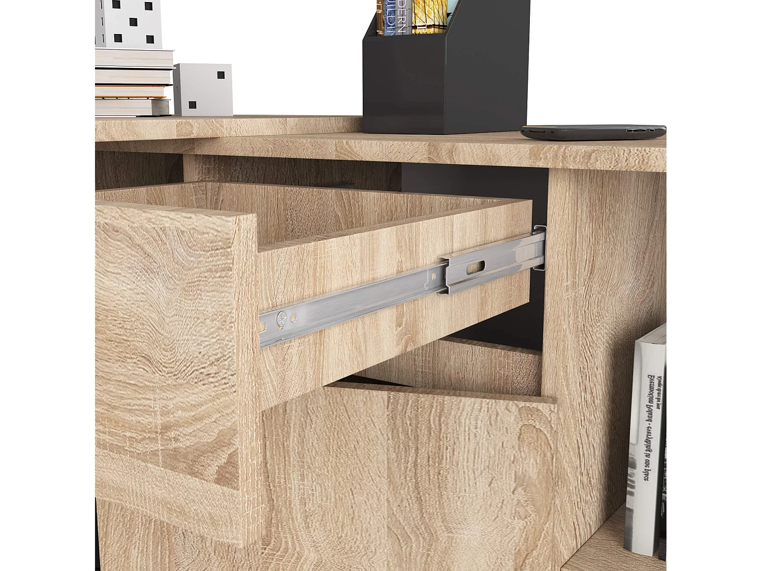 Escritorio esquinero AKORD B17 Roble Sonoma 120 cm Conjunto con cómoda de 1 puerta 1 cajón frente en color Roble Sonoma 6 estantes 120x126x79 cm