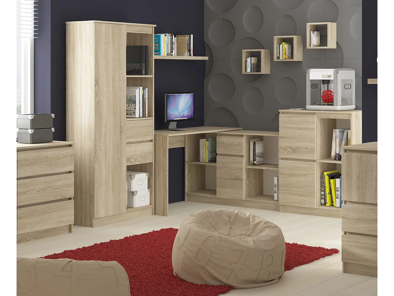 Escritorio esquinero AKORD B17 Roble Sonoma 120 cm Conjunto con cómoda de 1 puerta 1 cajón frente en color Roble Sonoma 6 estantes 120x126x79 cm