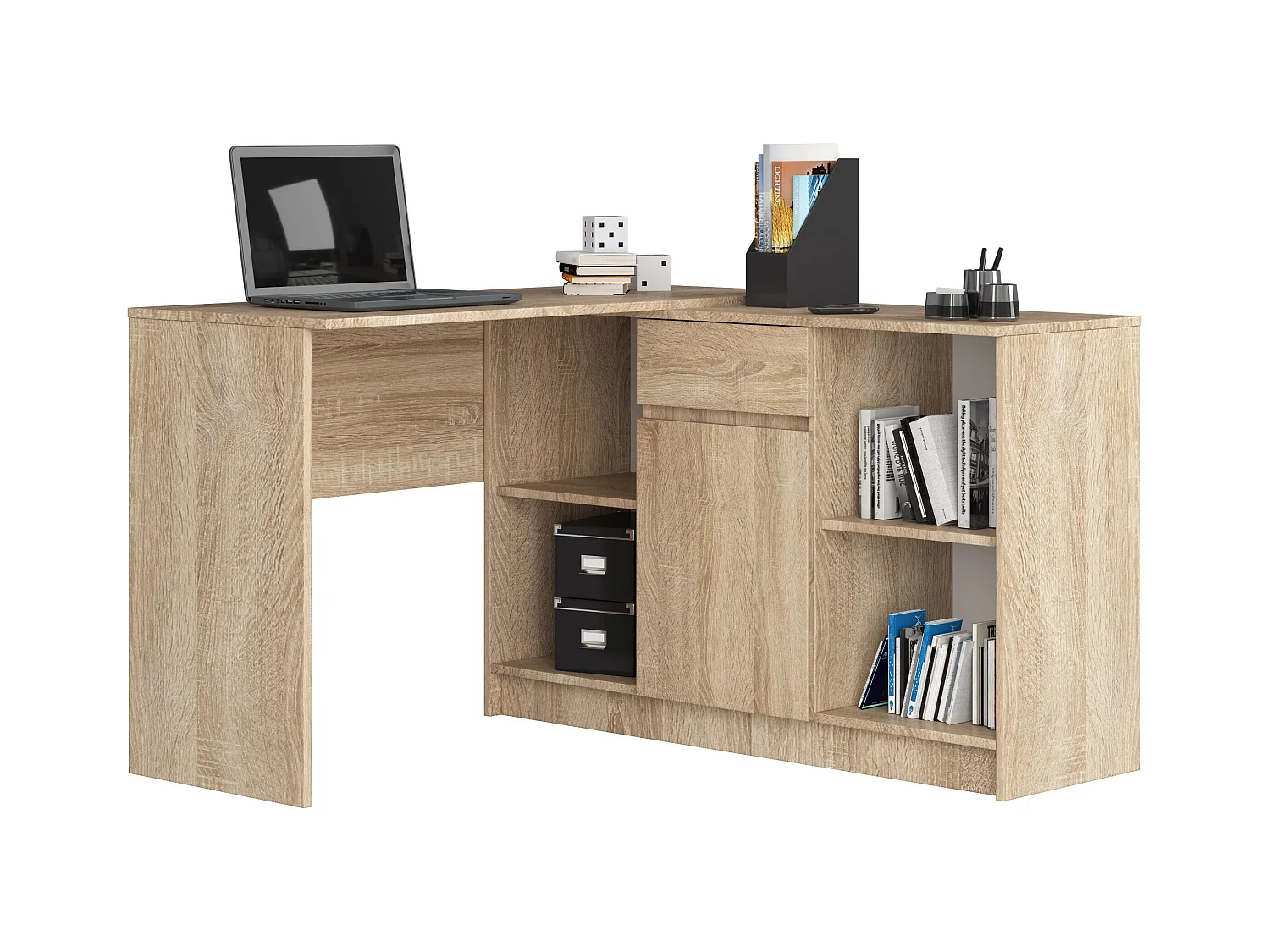 Ensemble d'angle AKORD bureau B17 avec commode Chêne Sonoma 120 cm 1 porte 1 tiroir façade Chêne Sonoma 6 étagères 120x126x79 cm