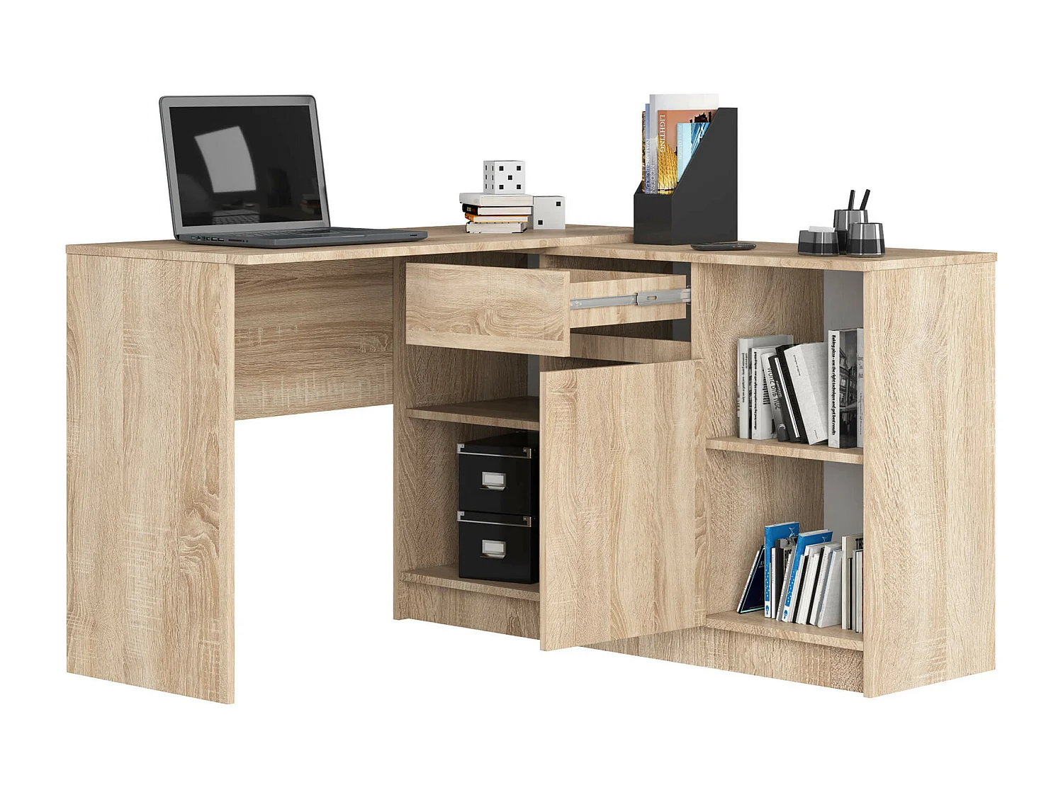 Ensemble d'angle AKORD bureau B17 avec commode Chêne Sonoma 120 cm 1 porte 1 tiroir façade Chêne Sonoma 6 étagères 120x126x79 cm
